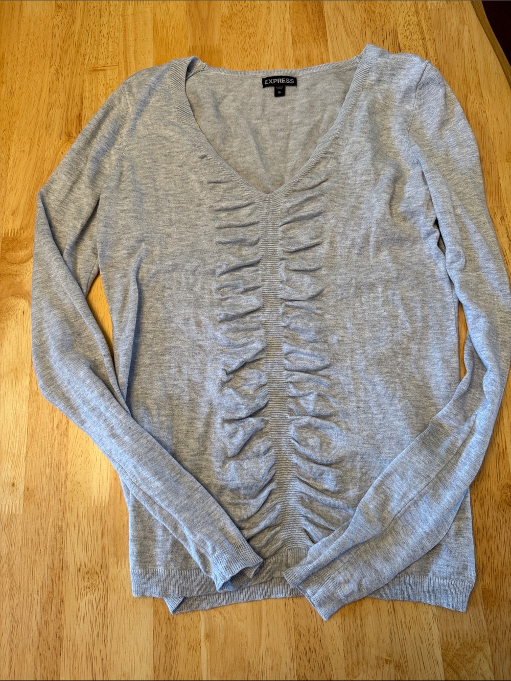 Express Gray V-Neck Long Sleeve Ruching Front Sweater